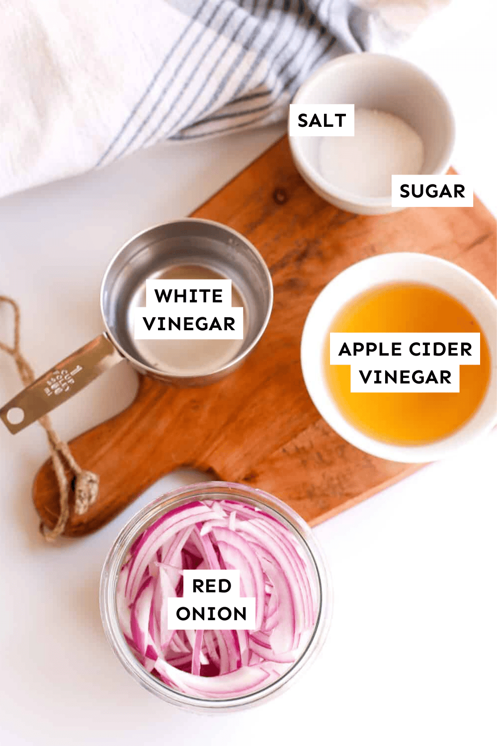 Ingredients for easy pickled red onion measured out and labeled.