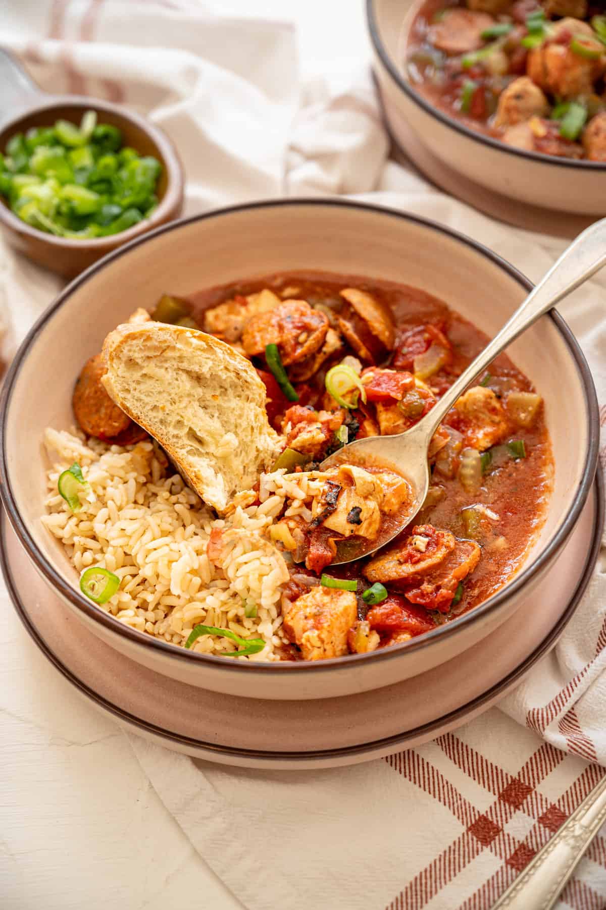 Jambalaya over rice in a bowl with a slice of crusty bread and chopped green onions on top.