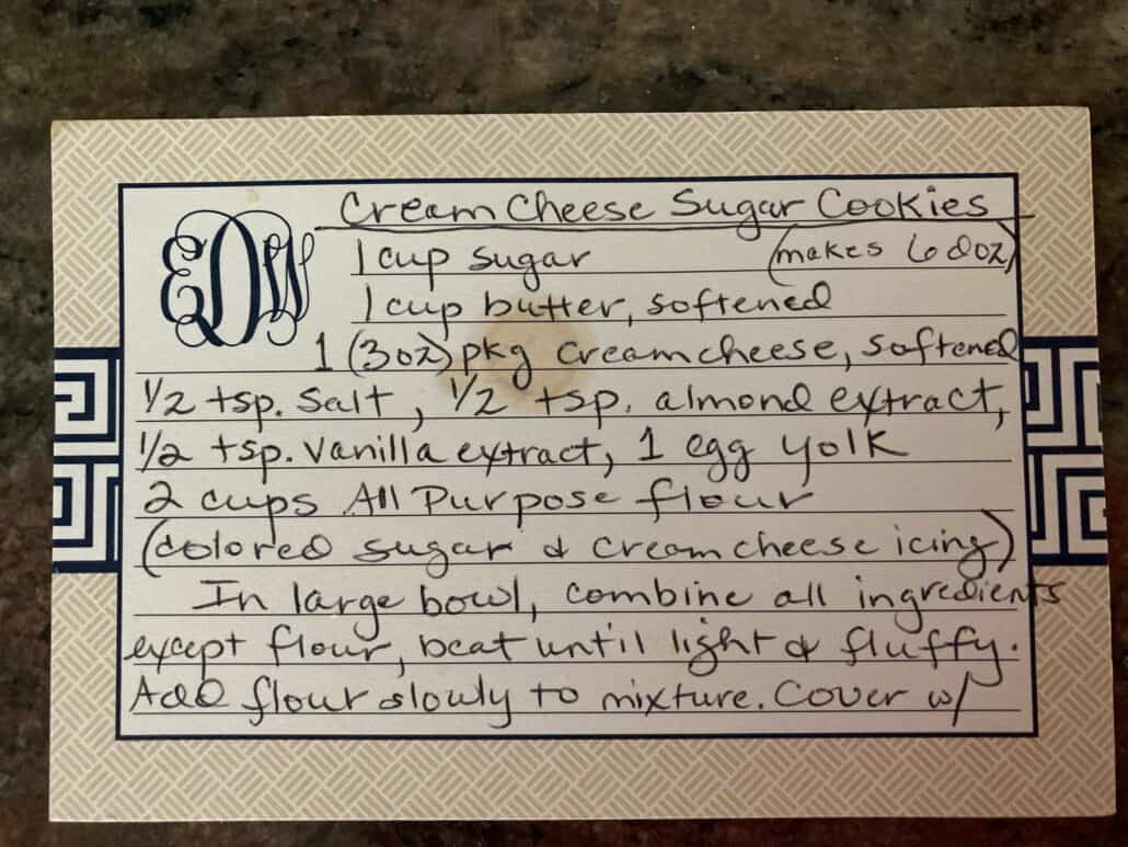 cream cheese sugar cookie recipe on a recipe card