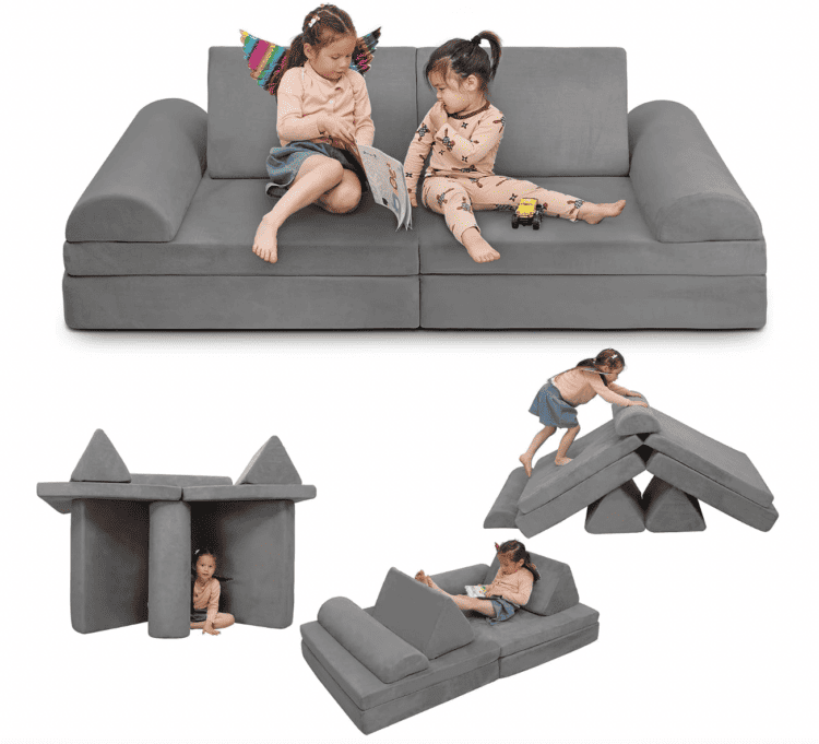 Stock photo of Play Couch that shows different ways the pieces can be put together for kids to play on.