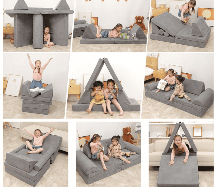Collage of many ways you can use the pieces of the Play Couch to make different structures for kids to play on.