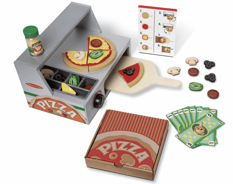 Melissa and Doug wooden pizza play set where you can put different toppings on the pizza, bake it in an oven, and box it up.