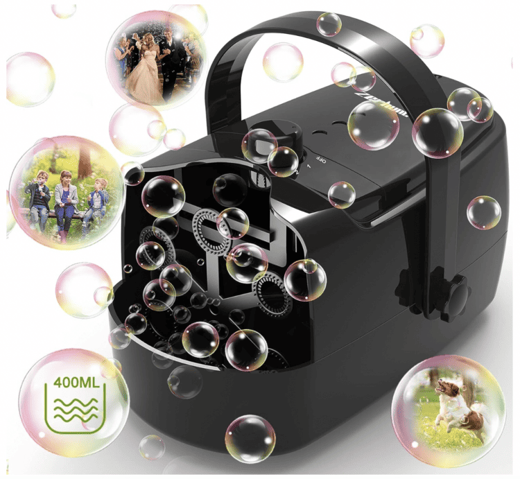 Black bubble machine with different uses pictured in the bubbles like weddings, family photos, dogs chasing bubbles, etc.