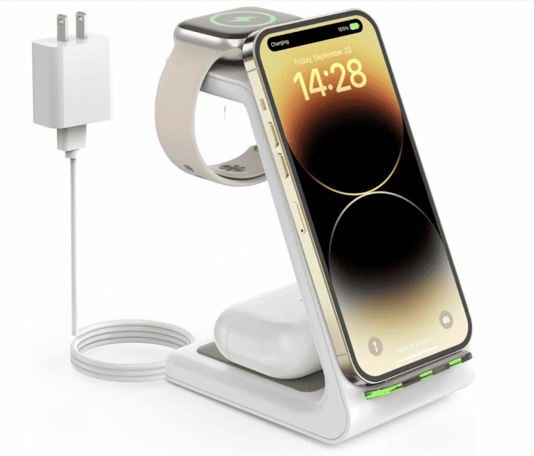 An iPhone, Apple Watch, and Airpods sitting on a charging stand meant to hold all three.