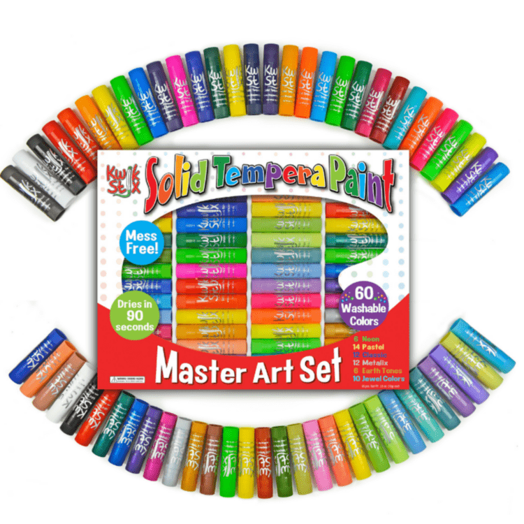 Kwik Stix Master Art set box with all the colors of Kwik Stix that come with it arching above and below the box.