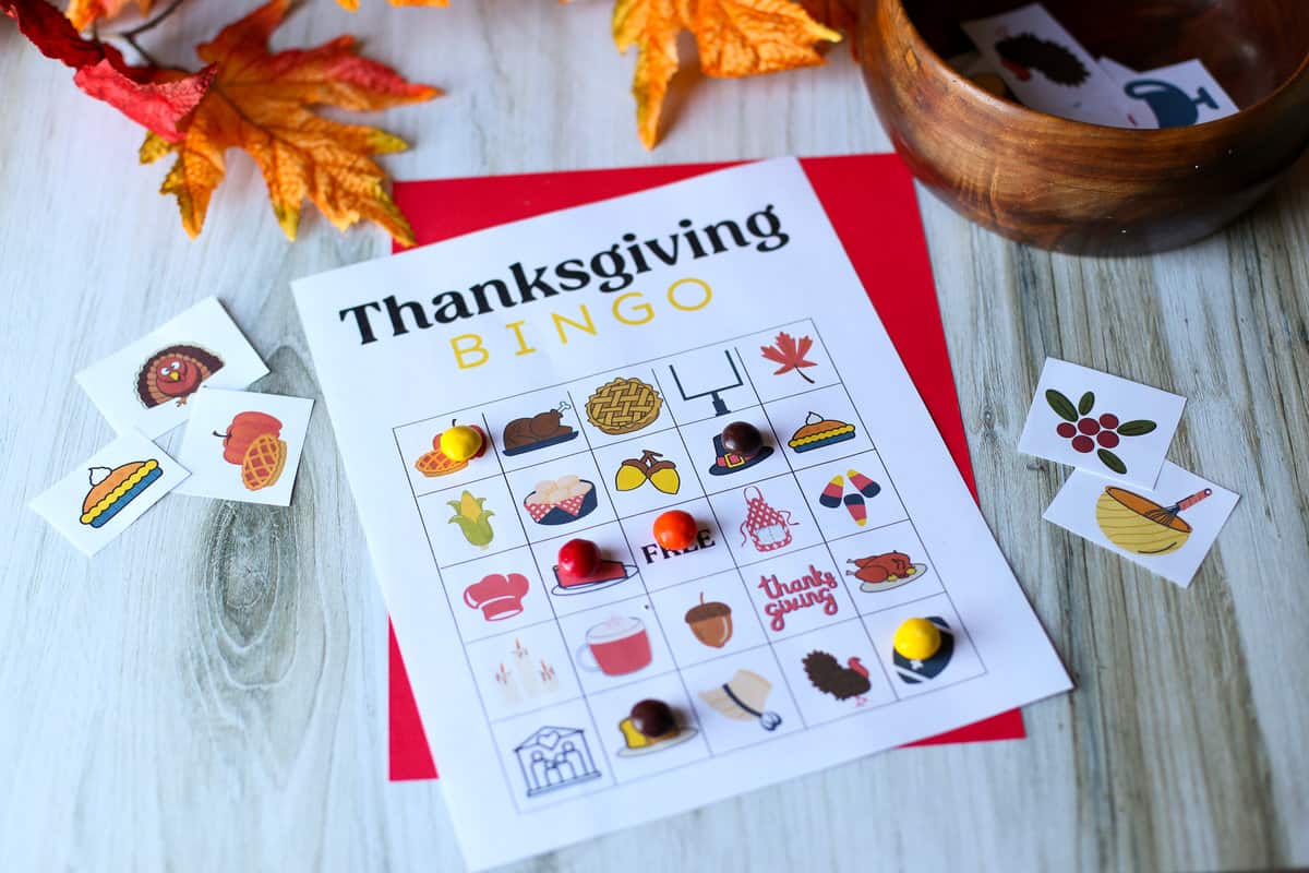 Thanksgiving Bingo game with candies on top.