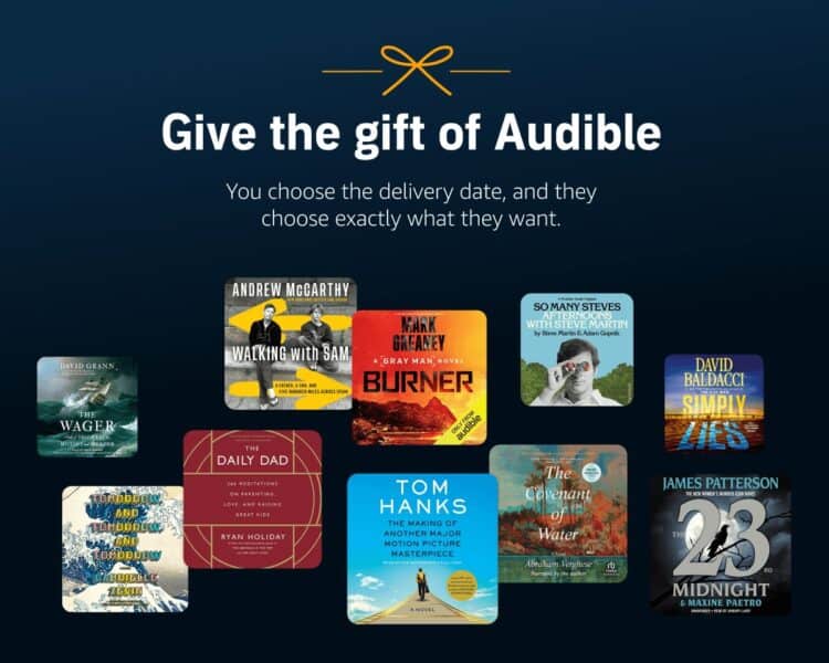 A collage of book covers on a black background with the text, "Give the gift of Audible."
