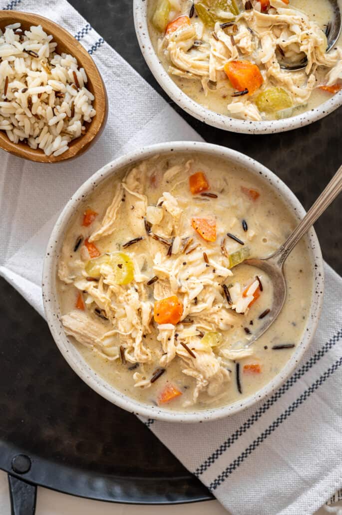 Chicken and wild rice soup in a white bowl