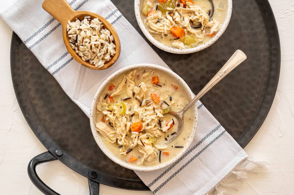 Chicken and wild rice soup in a white bowl