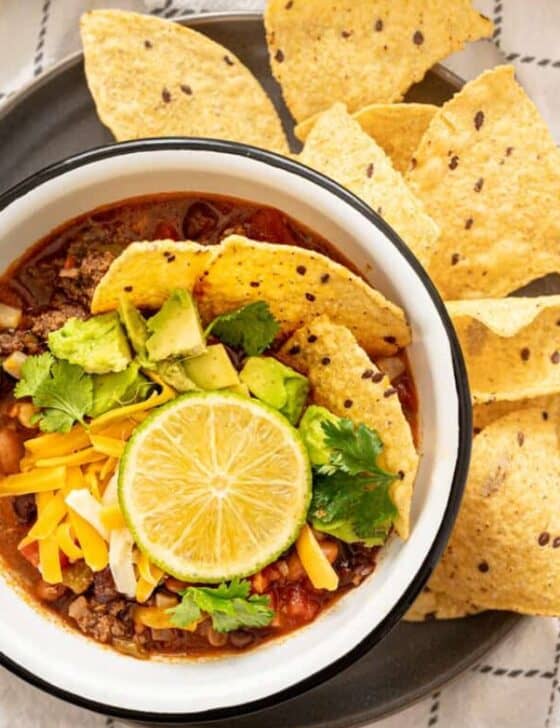 Mexican Soup in a bowl with tortilla chips