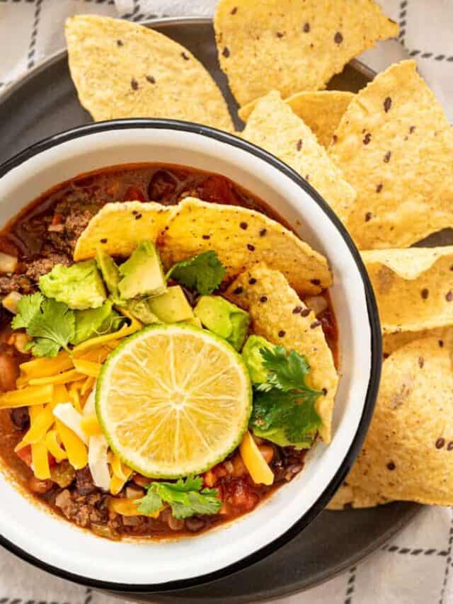 Mexican Soup in a bowl with tortilla chips