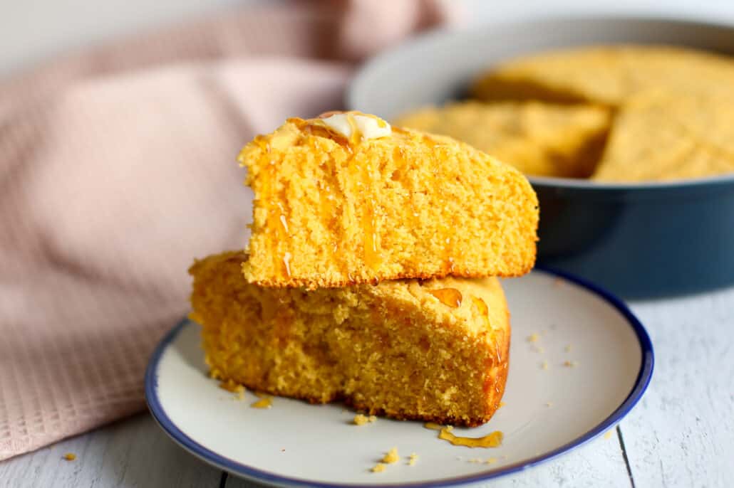 Sweet potato corn bread stacked on a plate