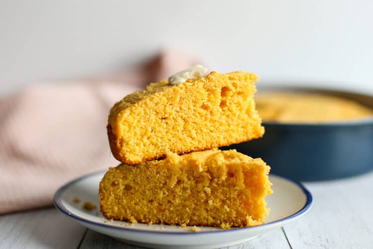 Sweet potato corn bread stacked on a plate