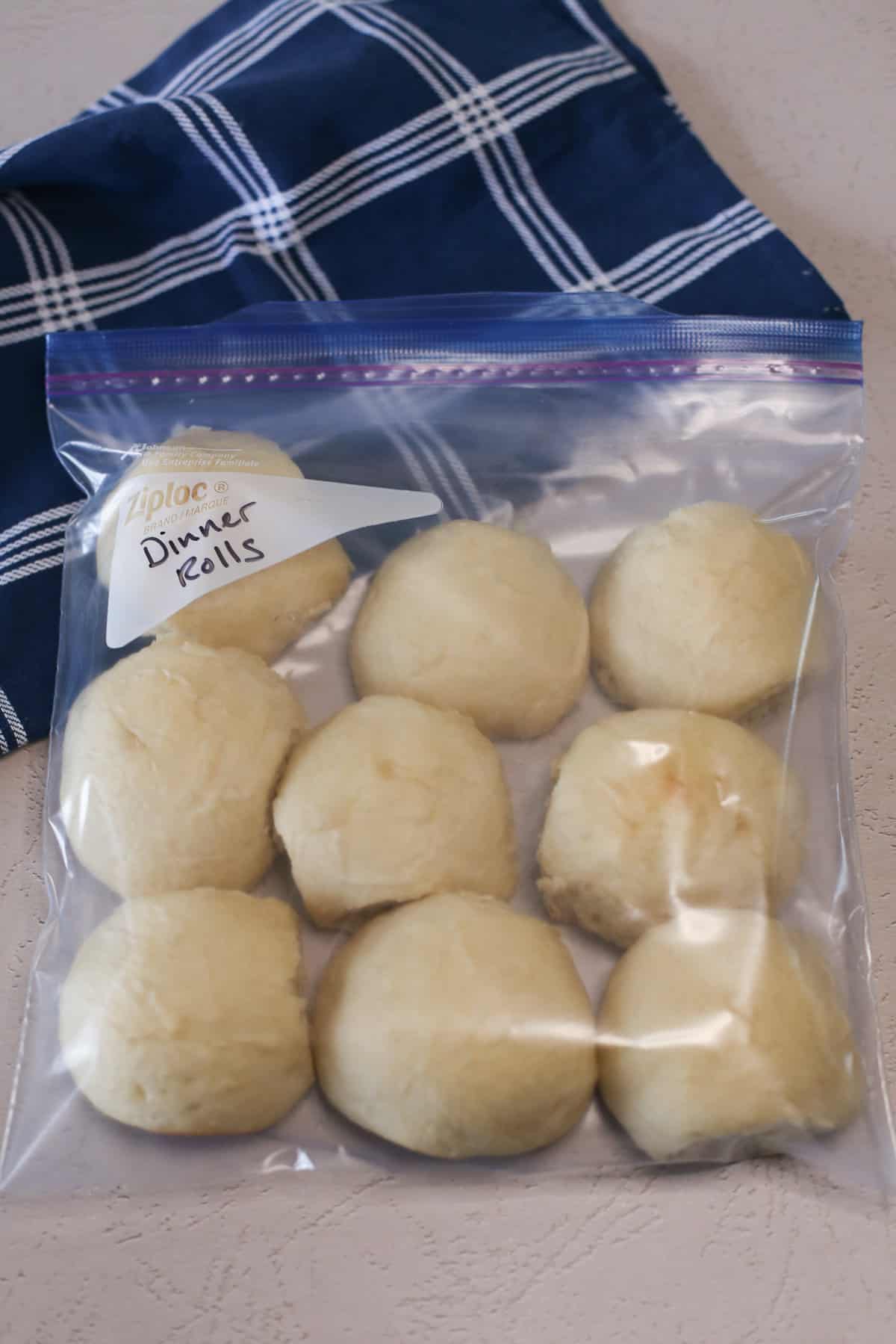 Baked dinner rolls in a freezer bag.