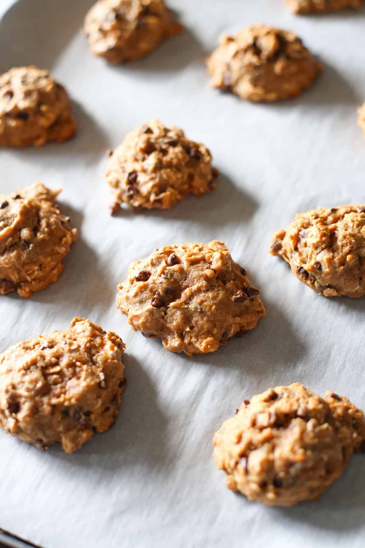 Baked breakfast cookies on a baking sheet with parchment paper.
