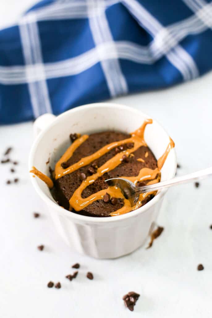 protein chocolate mug cake with peanut butter drizzle