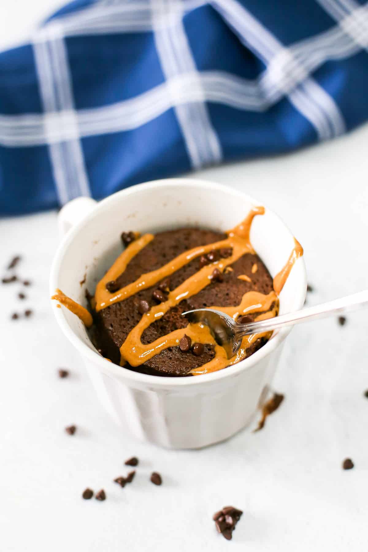 Protein chocolate mug cake with peanut butter drizzle.
