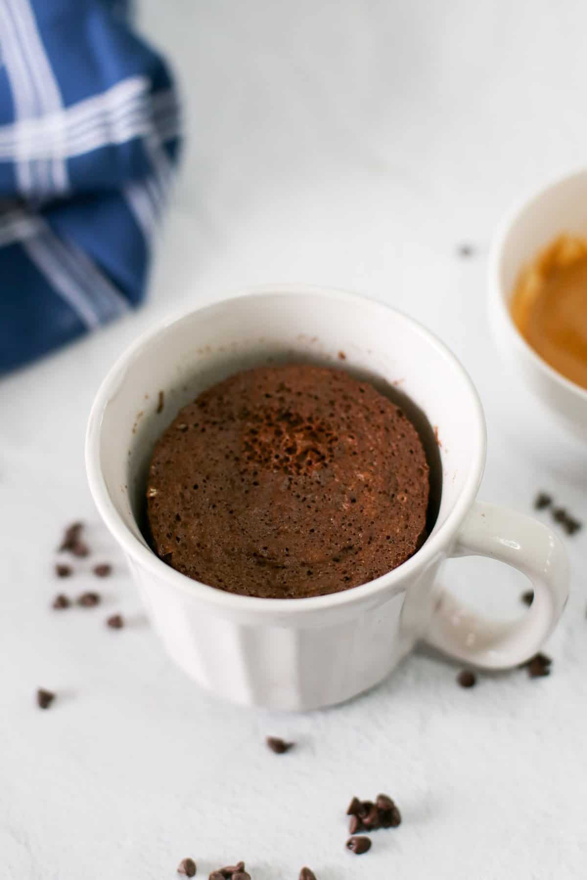 Chocolate mug cake right out of the microwave with no peanut butter topping.