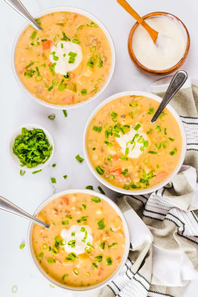 overhead shot of bowls of cheeseburger soup