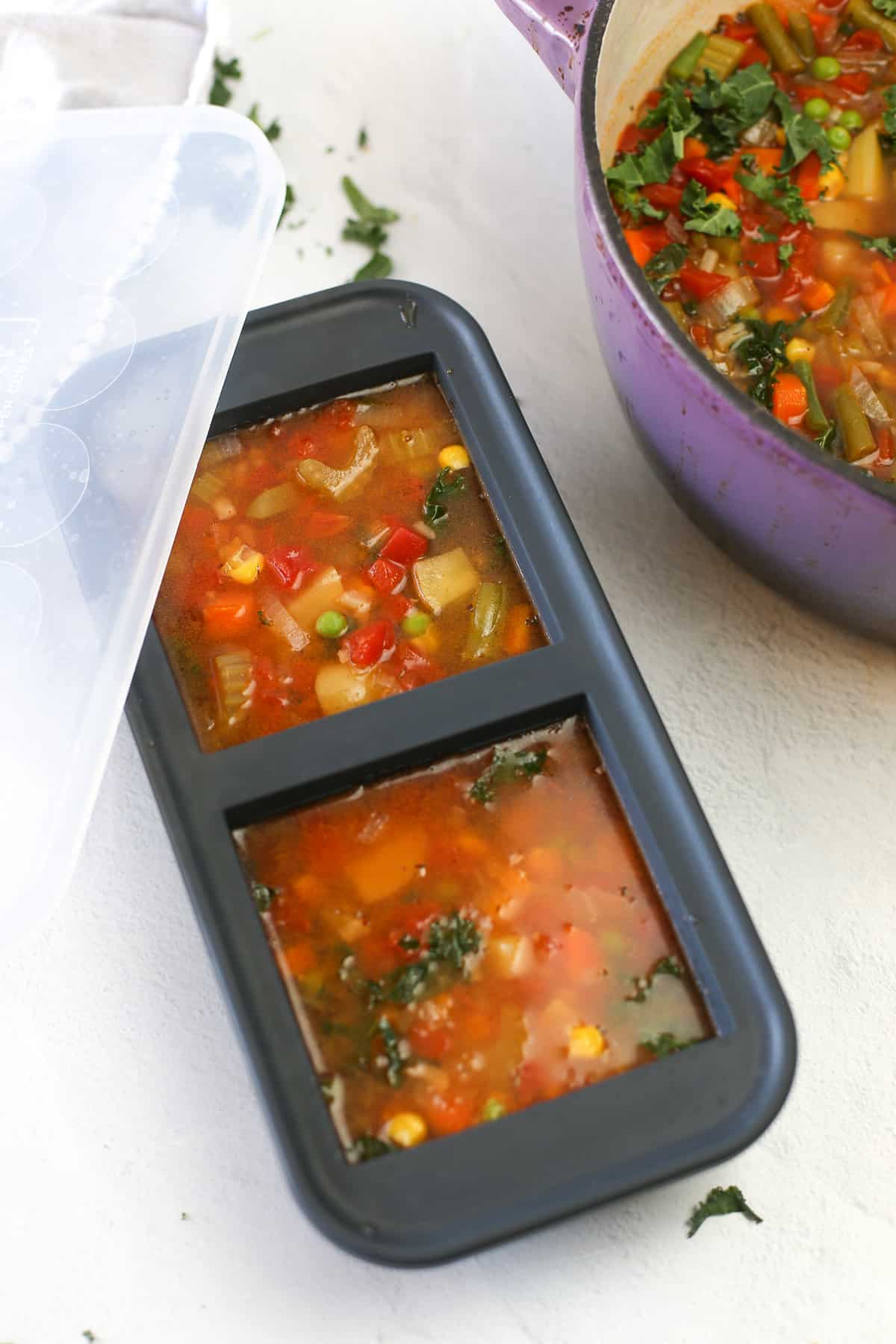 Veggie soup in Souper Cubes ready for the freezer.