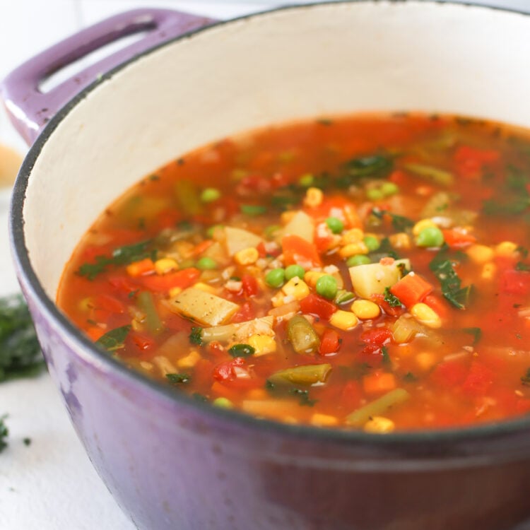 Vegetable soup in a dutch oven ready to be served.