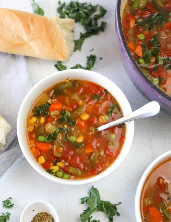 easy vegetable soup in white bowls