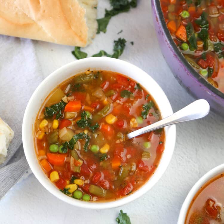 easy vegetable soup in white bowls