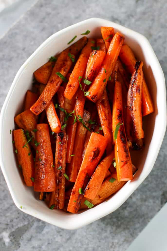 Roasted Carrots in a white bowl