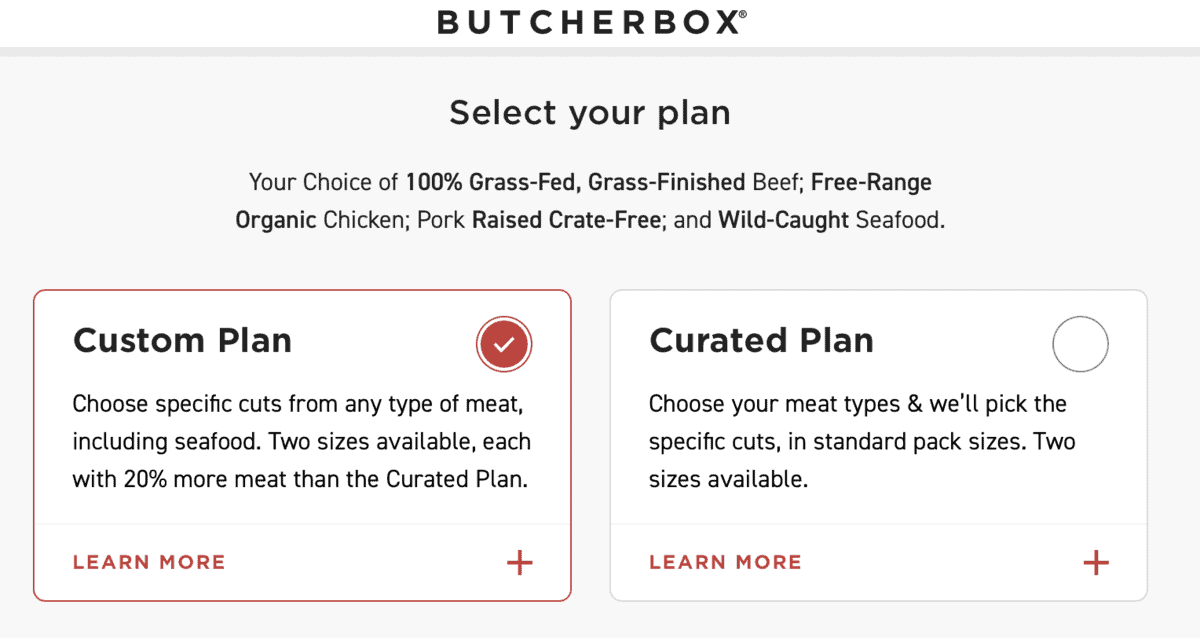 Select your ButcherBox plan screenshot.