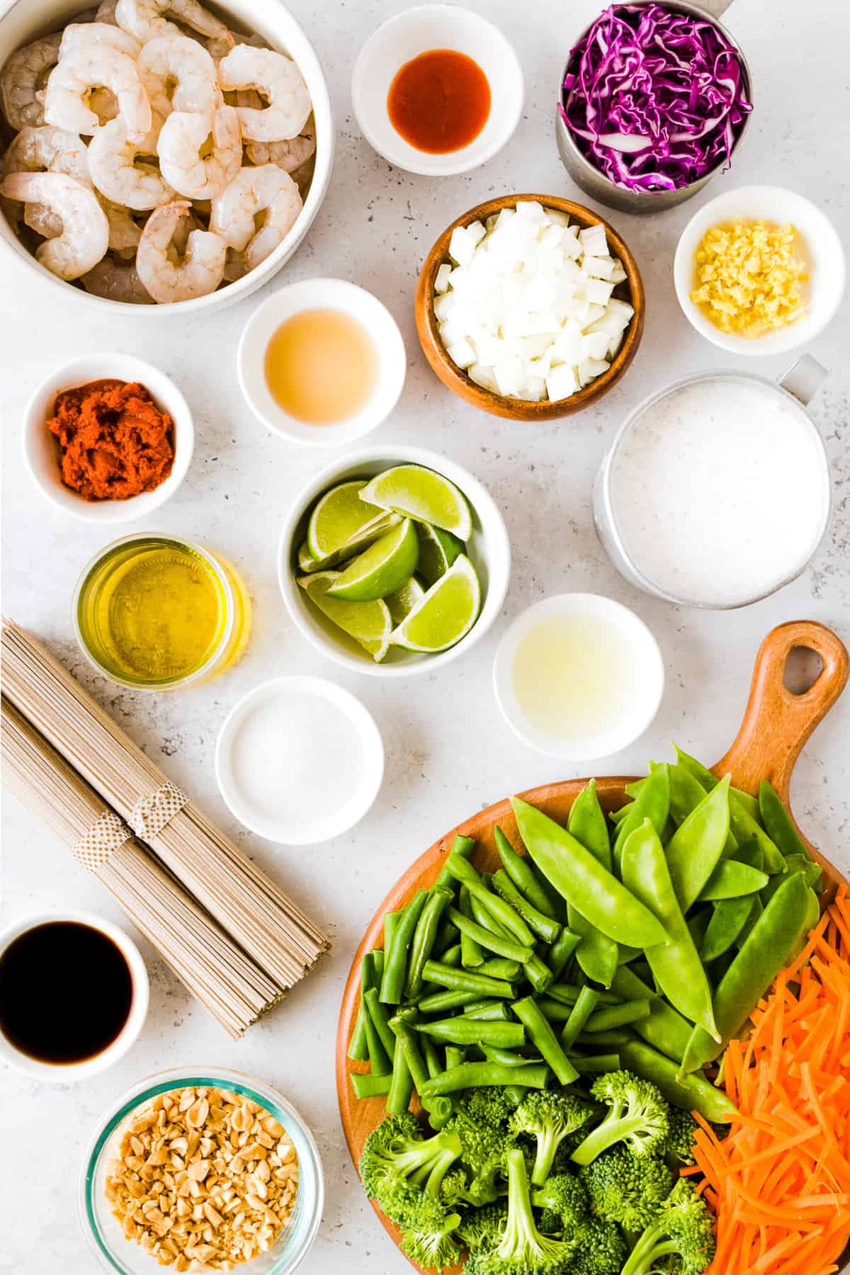 Ingredients for shrimp curry bowls measured out and labeled.