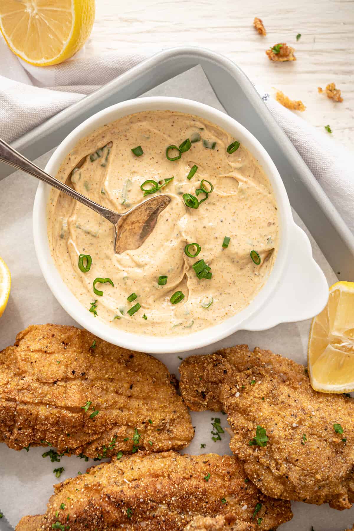 Easy Cajun remoulade sauce with catfish nuggets.
