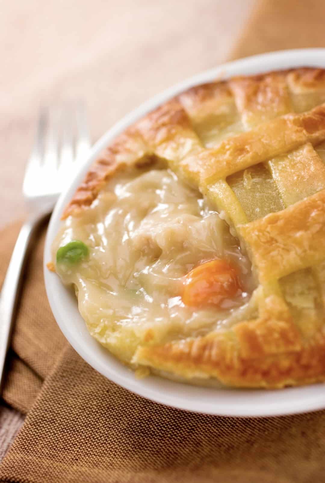 Classic chicken pot pie with a crust.
