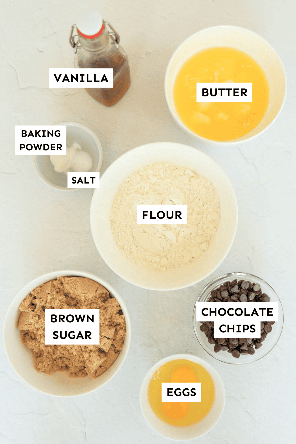 Blondie brownies ingredients measured out and labeled.