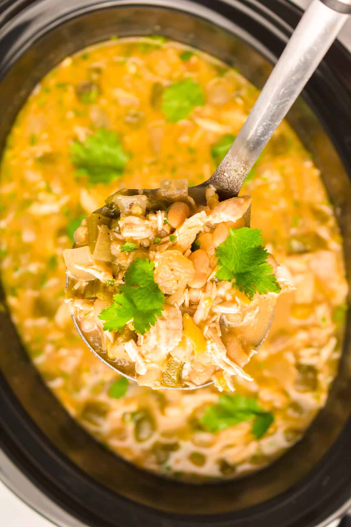 A ladle of white bean chicken chili above a slow cooker.