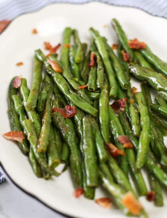 Garlic Green Beans on a white plate