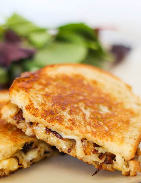 Gourmet grilled cheese sandwich with sauteed onions falling out.