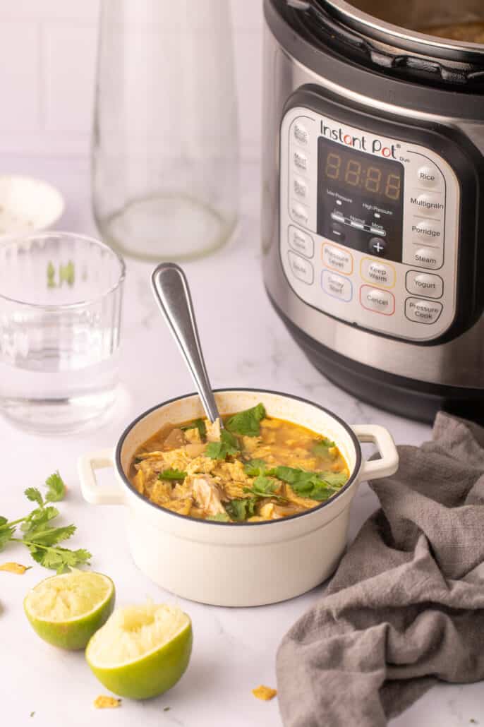 white bean chicken chili in a bowl with cilantro on top and Instant Pot in background