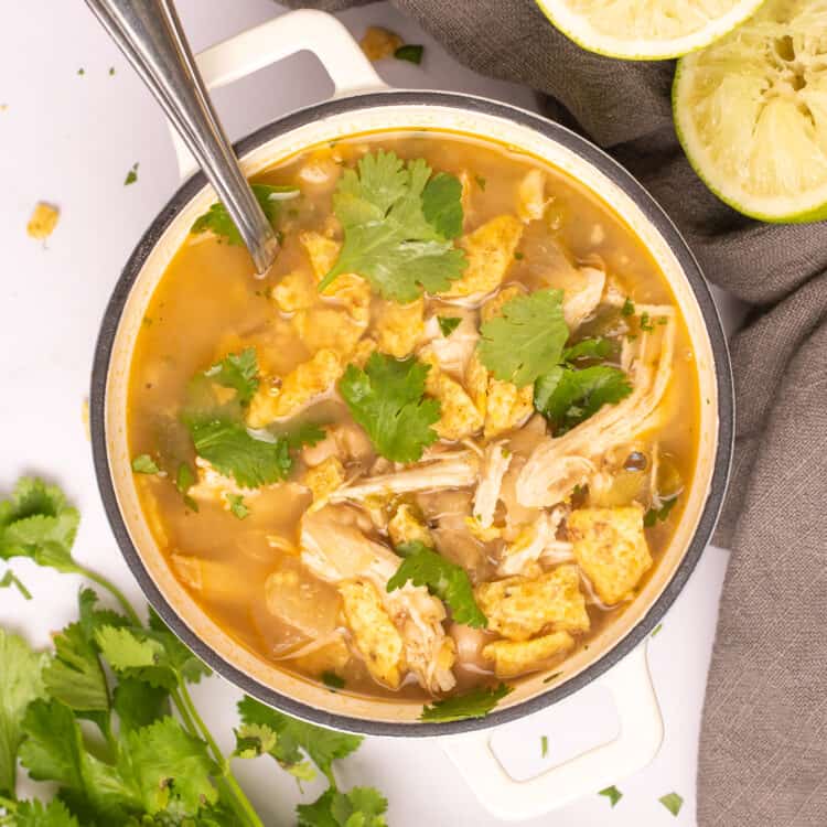 white bean chicken chili in a bowl with cilantro on top