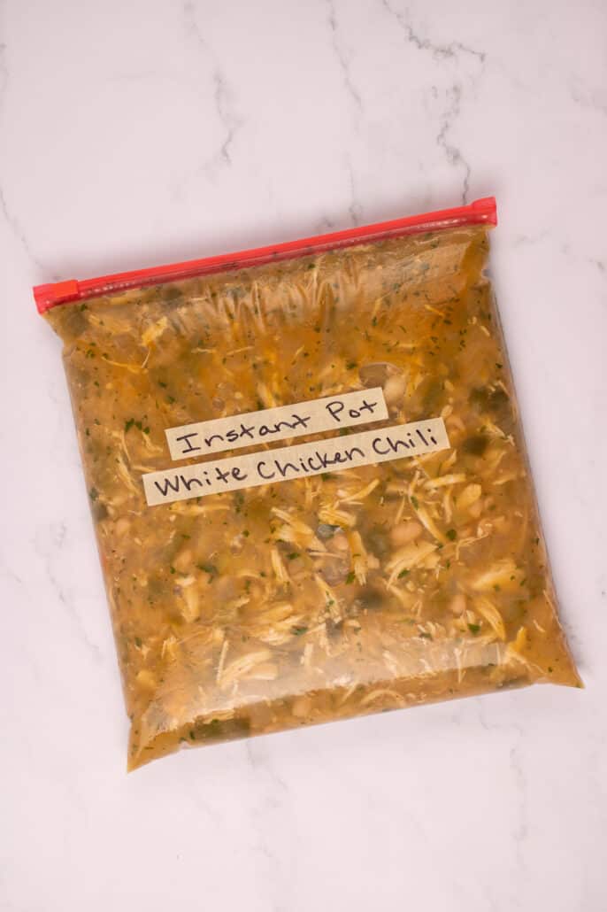 freezer bag with Instant Pot White Chicken Chili in it