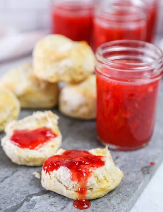 Strawberry freezer jam on biscuits
