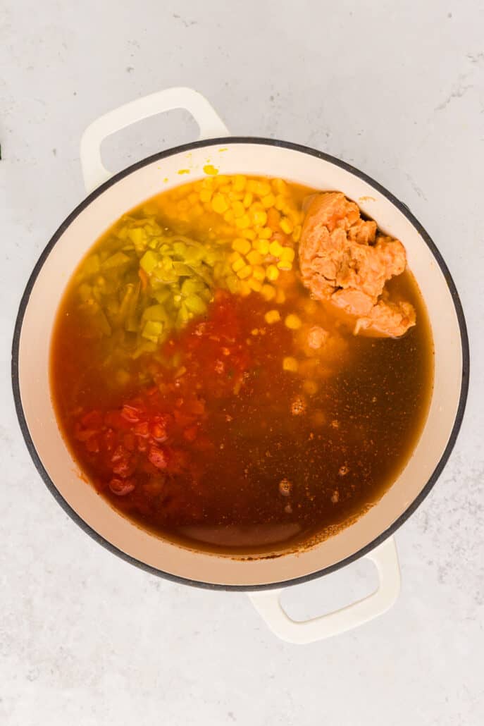 Tortilla soup being put into the dutch oven