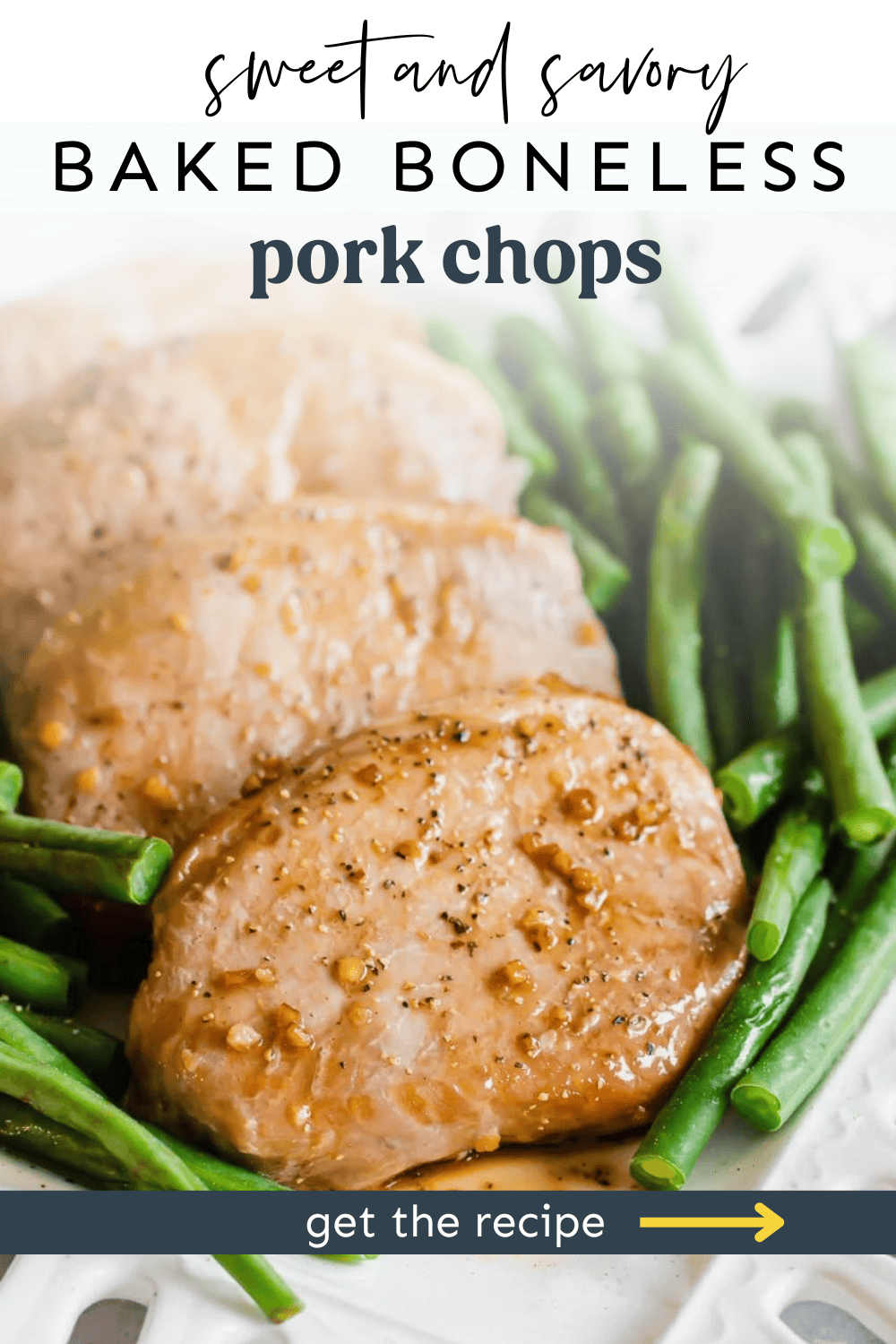 Sweet & Savory pork chops lined up on a platter with green beans around them.