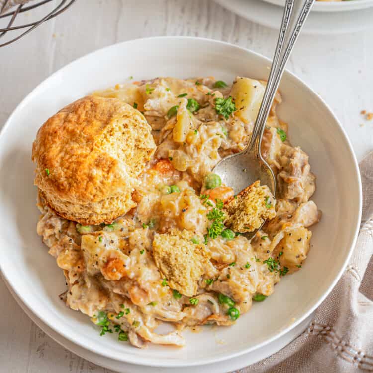 Chicken pot pie mixture in a bowl with a whole wheat biscuit on top.