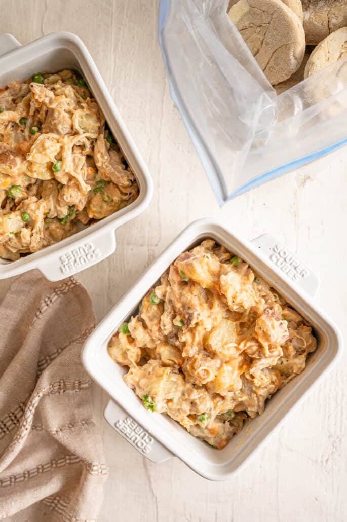 chicken pot pie in small containers for freezing