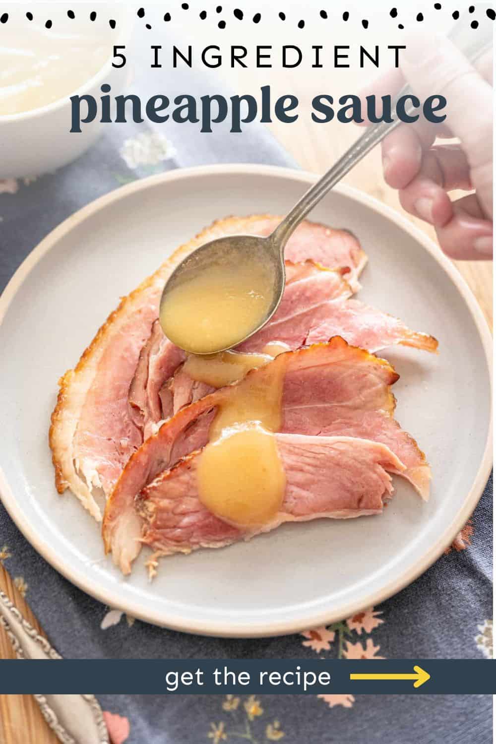 pineapple sauce being drizzled over ham slices.