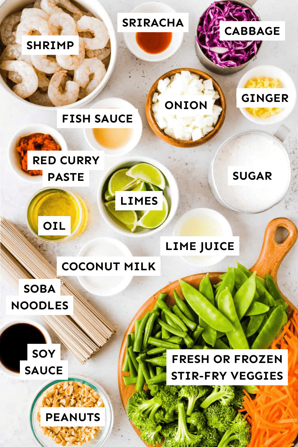 Ingredients for shrimp curry bowls measured out and labeled.