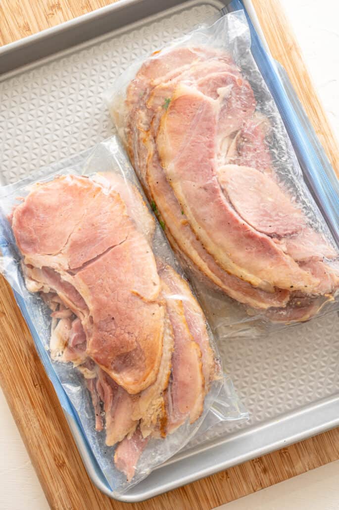 spiral sliced ham pieces in a freezer bag