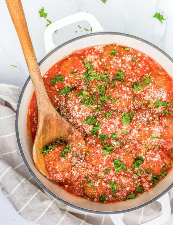 Turkey meatballs in a post with pasta sauce