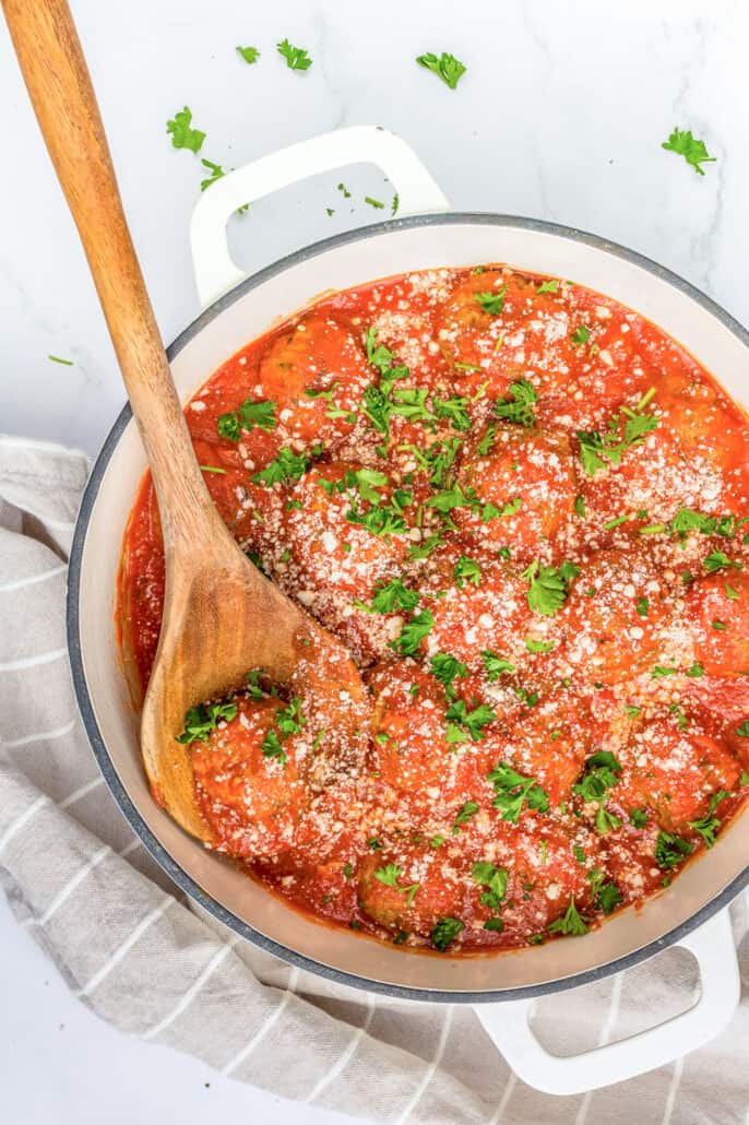 Turkey meatballs in a post with pasta sauce