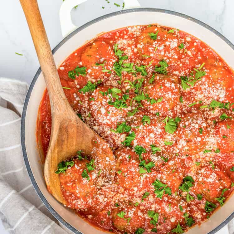 Turkey meatballs in a post with pasta sauce